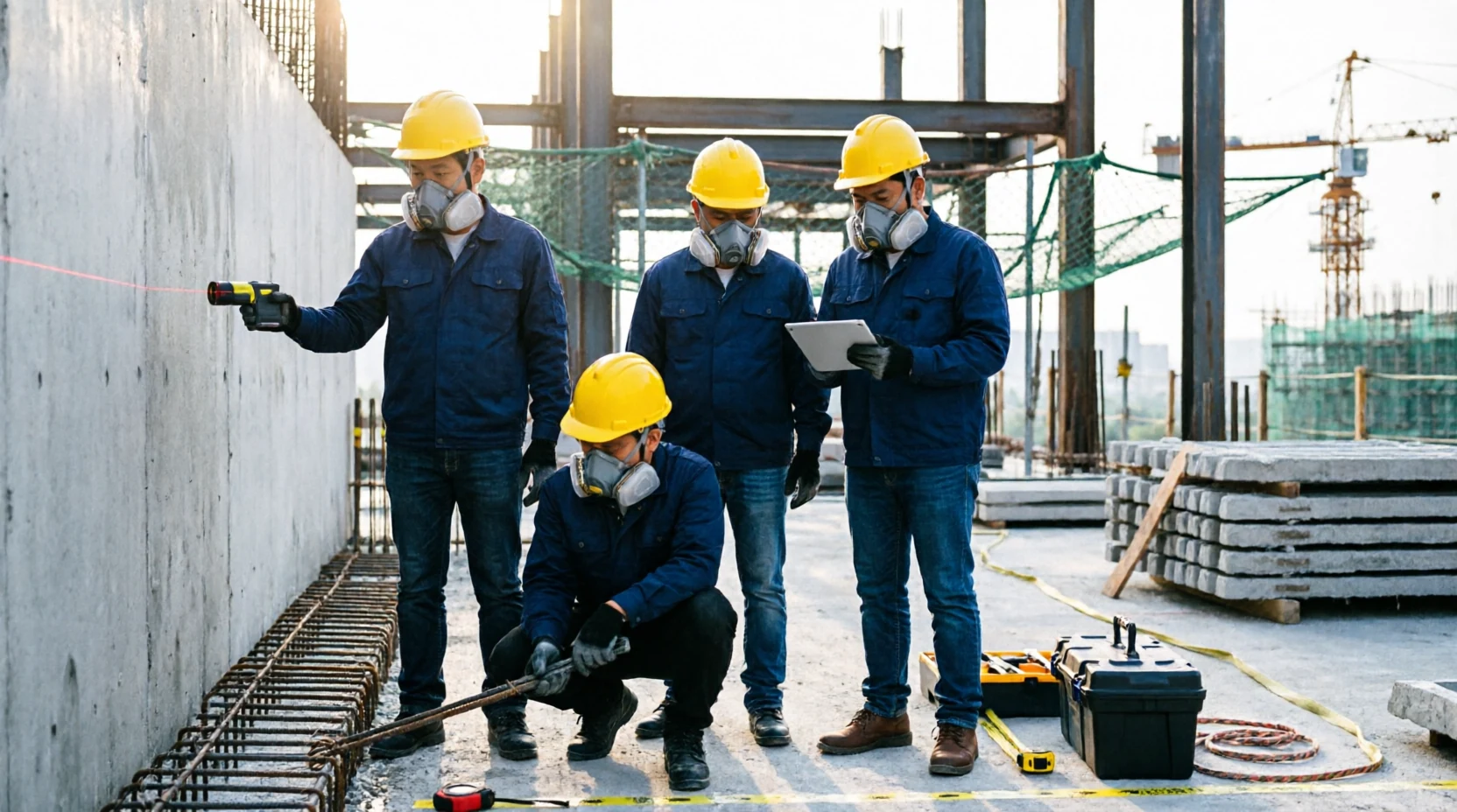 Inspectores de obra con cascos de seguridad y equipo de medición