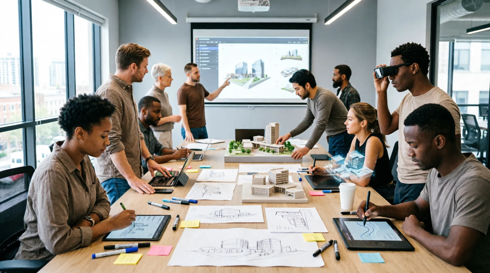 Equipo usando cascos VR, tablets y software BIM en sala moderna